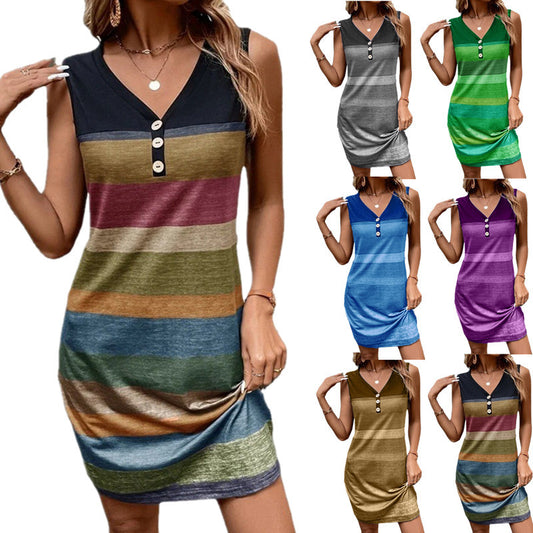Striped Printed Button Loose Sleeveless Dress
