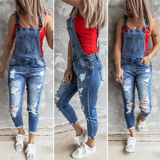 Summer New Style Women's Fashion Ripped Elastic Jeans Strap Trousers