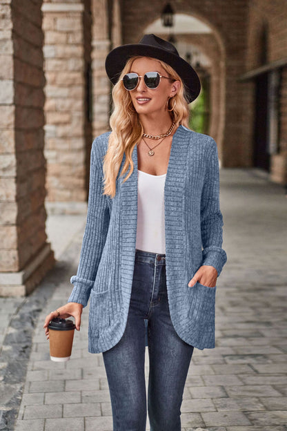 Autumn Solid Color Sunken Stripe Brushed Stitching Long Sleeve Cardigan Jacket