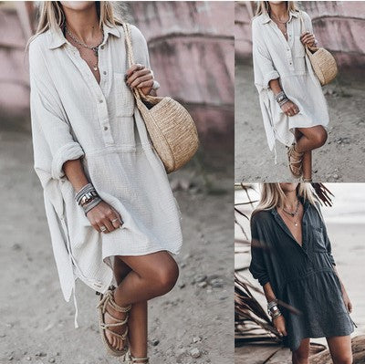 Women's Casual Loose Cotton And Linen Deep V-neck Dress