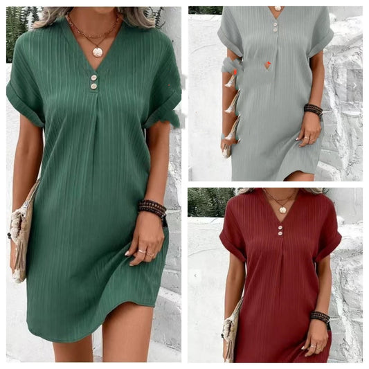 Women's Trendy New V-neck Solid Color Pullover Leisure Button Dress